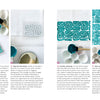 Two pages from Schiffer Publishing, Ltd.’s Fabric Stamping show step-by-step instructions for creating a labyrinth pattern on fabric with paint, sponges, a clear stamp, and teal geometric designs.