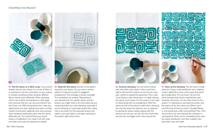Two pages from Schiffer Publishing, Ltd.’s Fabric Stamping show step-by-step instructions for creating a labyrinth pattern on fabric with paint, sponges, a clear stamp, and teal geometric designs.