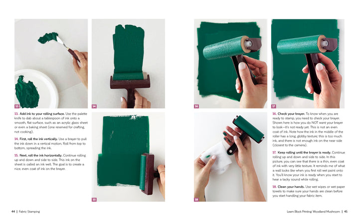 Step-by-step photos from Schiffer Publishing, Ltd.'s Fabric Stamping show how to use a brayer: rolling green paint on a mixing surface for block printing, coating the roller evenly, and cleaning the tool with wet paper towels after use.