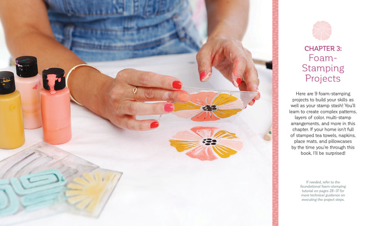 A person uses Schiffer Publishing, Ltd.’s Fabric Stamping to make pink and yellow prints with a clear flower stamp on white fabric, surrounded by paint bottles and stamping tools. Foam-stamping project text is shown on the right.