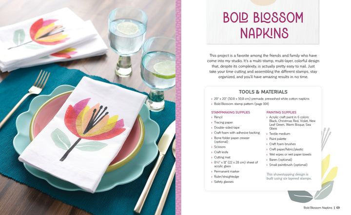A fabric-stamped flower napkin from Schiffer Publishing, Ltd.'s Fabric Stamping is shown on a white plate with a blue charger. Nearby are a napkin and stamp, plus the title Bold Blossom Napkins and a list of tools and materials.