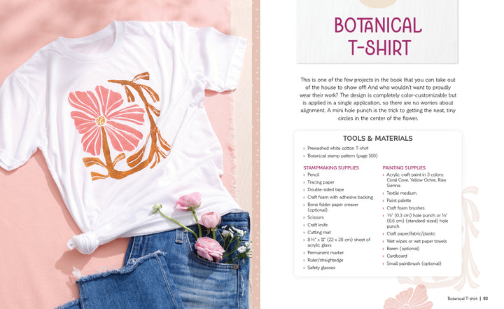 A white T-shirt with a bold pink and orange floral design rests on a pink background beside denim jeans and flowers. On the right, Schiffer Publishing, Ltd.'s "Fabric Stamping" project describes foam stamping and needed materials.