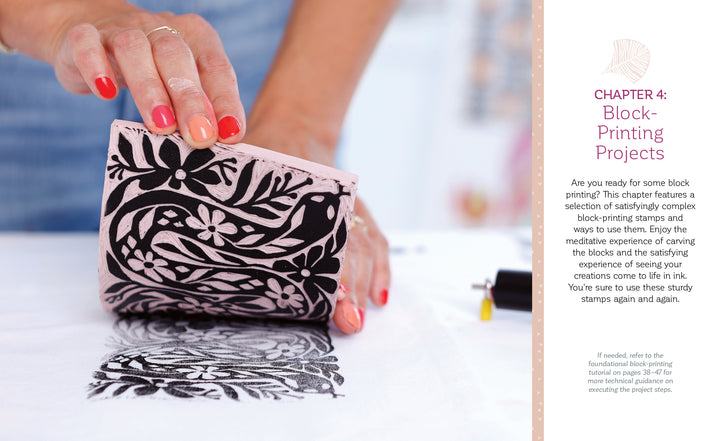 A hand uses a carved rubber block and black ink to create a floral print on paper. The page, from "Fabric Stamping" by Schiffer Publishing, Ltd., reads Chapter 4: Block-Printing Projects and explains the block printing process.