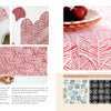 A step-by-step guide from Schiffer Publishing, Ltd.'s Fabric Stamping shows red leaf patterns stamped on white fabric, close-ups of the runner, design variations in blue, pink, and black, and a plate with a plum on the finished piece.