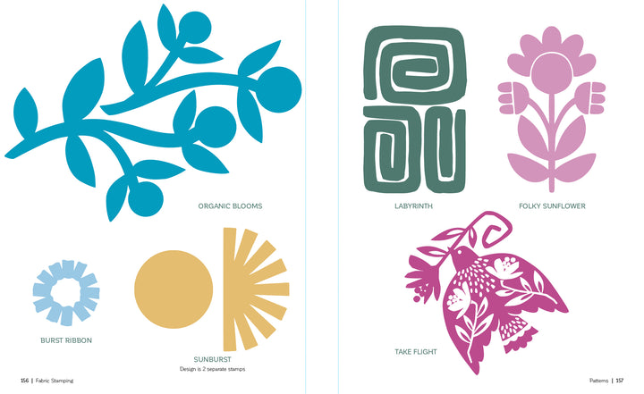 A vibrant page from Schiffer Publishing, Ltd.'s "Fabric Stamping" shows blue organic blooms, a green labyrinth, a pink folk sunflower, a light blue ribbon burst, a yellow sunburst, and a pink cutout bird—all labeled for fabric stamping.