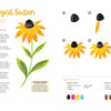 Happy Flower Painting for Beginners by Schiffer Publishing, Ltd. offers step-by-step illustrated instructions, acrylic paint colors, and tips for painting Black-Eyed Susans—ideal for beginners. Labeled images show petals, leaves, stem, and black center.