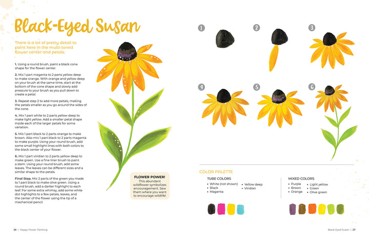 Happy Flower Painting for Beginners by Schiffer Publishing, Ltd. offers step-by-step illustrated instructions, acrylic paint colors, and tips for painting Black-Eyed Susans—ideal for beginners. Labeled images show petals, leaves, stem, and black center.
