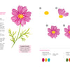 Happy Flower Painting for Beginners by Schiffer Publishing, Ltd. shows a painted pink cosmos with green stem, step-by-step flower painting guide, color palette, and easy instructions. Learn to paint acrylic flowers from yellow centers to detailed pink petals and leaves.