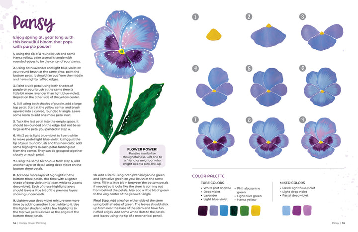 Discover "Happy Flower Painting for Beginners" by Schiffer Publishing, Ltd.—an illustrated guide with step-by-step acrylic pansy painting instructions, color palette suggestions, finished examples with green leaves, and helpful tips.