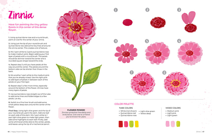 Happy Flower Painting for Beginners by Schiffer Publishing, Ltd. offers a step-by-step acrylic flower painting guide showing how to paint a pink zinnia and green leaves in nine easy stages with illustrations, text instructions, and labeled paint colors—ideal for beginners.