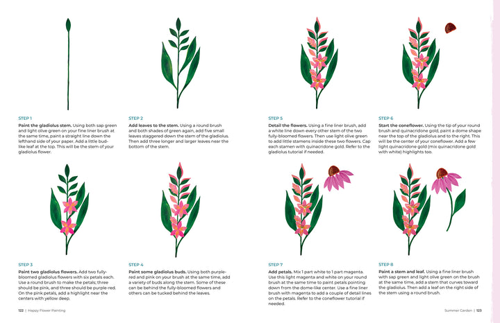 Happy Flower Painting for Beginners by Schiffer Publishing, Ltd. is a step-by-step guide to painting gladiolus and coneflowers with acrylics, teaching beginners to create stems, leaves, buds, and flowers using various brush strokes and colors.