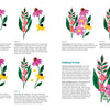 Happy Flower Painting for Beginners by Schiffer Publishing, Ltd. features step-by-step illustrated guides for painting vibrant pink, yellow, and purple wildflowers with green leaves. Instructions and finishing touches surround the artwork on a white background.