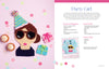 A crocheted girl's face from the "Crochet Girls" collection by Schiffer Publishing, Ltd. wears a blue striped party hat and sunglasses, surrounded by pink confetti and pastel gift boxes—great inspiration for your next appliqué or crochet project!.