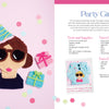 A crocheted girl's face from the "Crochet Girls" collection by Schiffer Publishing, Ltd. wears a blue striped party hat and sunglasses, surrounded by pink confetti and pastel gift boxes—great inspiration for your next appliqué or crochet project!.