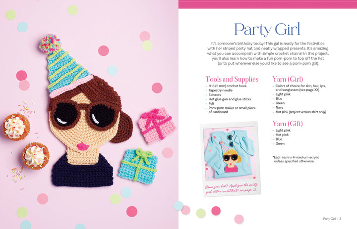 A crocheted girl's face from the "Crochet Girls" collection by Schiffer Publishing, Ltd. wears a blue striped party hat and sunglasses, surrounded by pink confetti and pastel gift boxes—great inspiration for your next appliqué or crochet project!.