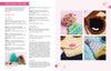 Two pages from Crochet Girls by Schiffer Publishing, Ltd. show written instructions for a party hat and girl's face, with close-up photos of pastel crochet hats and an appliqué project featuring a brown-haired girl with simple embroidery.