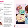 Two pages from Crochet Girls by Schiffer Publishing, Ltd. show written instructions for a party hat and girl's face, with close-up photos of pastel crochet hats and an appliqué project featuring a brown-haired girl with simple embroidery.