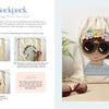 A step-by-step guide shows how to make a flower crown girl backpack using Crochet Girls by Schiffer Publishing, Ltd. and a drawstring bag. The finished backpack with a crocheted girl's face and flower crown is displayed on a table.
