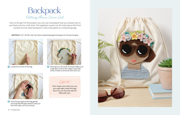 A step-by-step guide shows how to make a flower crown girl backpack using Crochet Girls by Schiffer Publishing, Ltd. and a drawstring bag. The finished backpack with a crocheted girl's face and flower crown is displayed on a table.