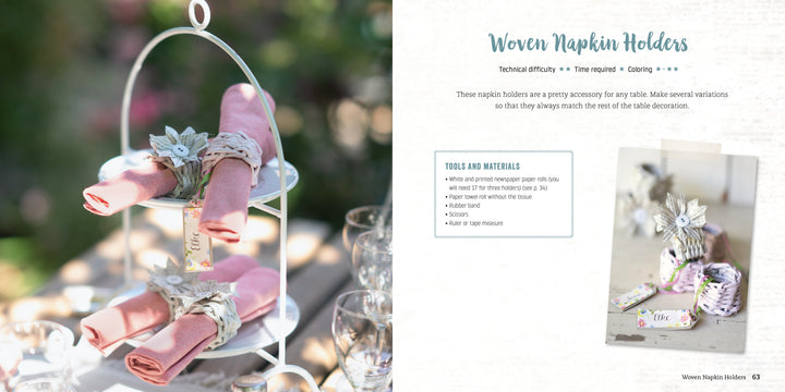 A white two-tier stand displays pink napkins rolled and tied with floral napkin holders made using Schiffer Publishing, Ltd.'s Weaving Paper. The right page shows napkin holder instructions and a table set with flower-adorned holders.