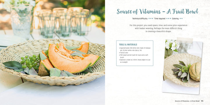 A woven basket with cantaloupe slices and grapes sits by glasses, while a page on the right shows Schiffer Publishing, Ltd.'s Weaving Paper with instructions for making recycled paper projects like a woven fruit bowl.