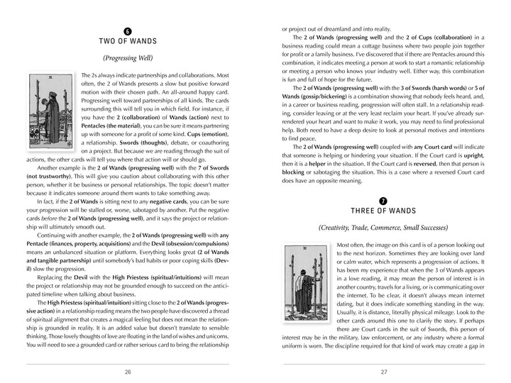 Two pages from Decode Tarot by Schiffer Publishing, Ltd. cover the Two of Wands and Three of Wands, each with a black-and-white illustration, detailed tarot interpretations, and section headings for their meanings in readings.
