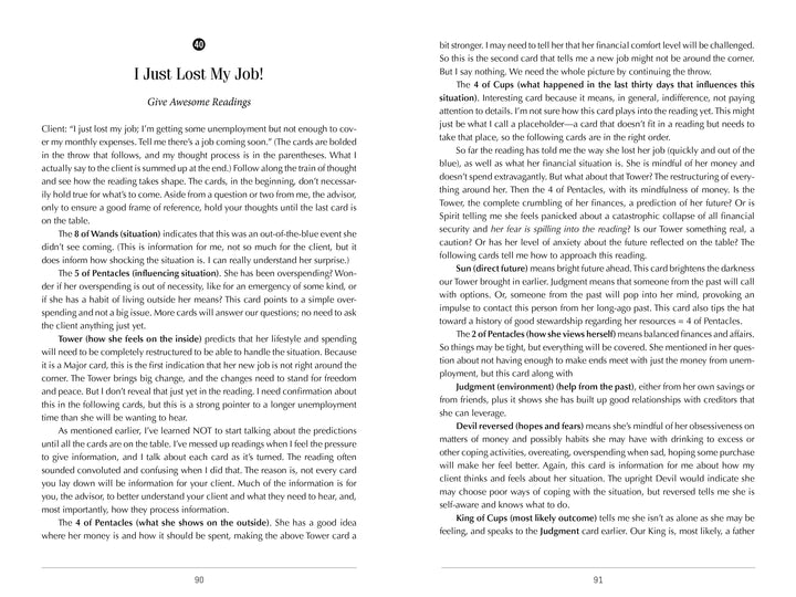 An open book from Schiffer Publishing, Ltd.'s Decode Tarot shows two pages with the heading "I Just Lost My Job!" and subheading "Give: Awesome Readings," offering Tarot insight and guidance on coping with job loss.