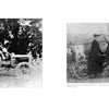 Left: A man in a hat sits in an early open-top car outdoors. Right: Two men in hats and suits ride a vintage tandem motorcycle, featured in "Curtiss Motorcycles" from Schiffer Publishing, Ltd., capturing motorcycle history.