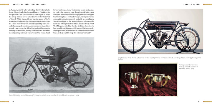 A man in period clothing inspects an early Curtiss Motorcycles model, while a close-up of a vintage racing bike and two silver trophies highlight the motorcycle legacy featured by Schiffer Publishing, Ltd.