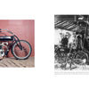 On the left, a vintage Curtiss motorcycle is shown indoors on sand. On the right, a black-and-white photo captures people assembling bikes in a busy workshop. Product: Curtiss Motorcycles by Schiffer Publishing, Ltd.
