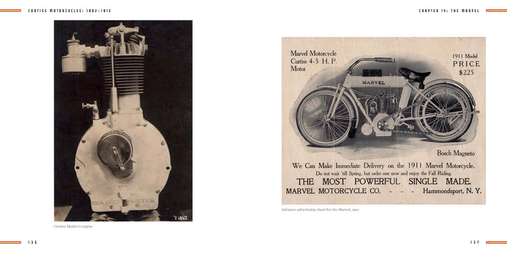Left: Black-and-white photo of a vintage Curtiss motorcycle engine. Right: Sepia-toned 1911 Marvel Motorcycle ad with bike image, specs, price, and slogan calling it “the most powerful single made.” Published by Schiffer Publishing, Ltd.