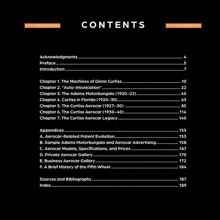 A table of contents page with white text on black lists chapters and sections about Glenn H. Curtiss, Curtiss Aerocar models, and related topics, plus page numbers, for "Curtiss Aerocar" by Schiffer Publishing, Ltd.