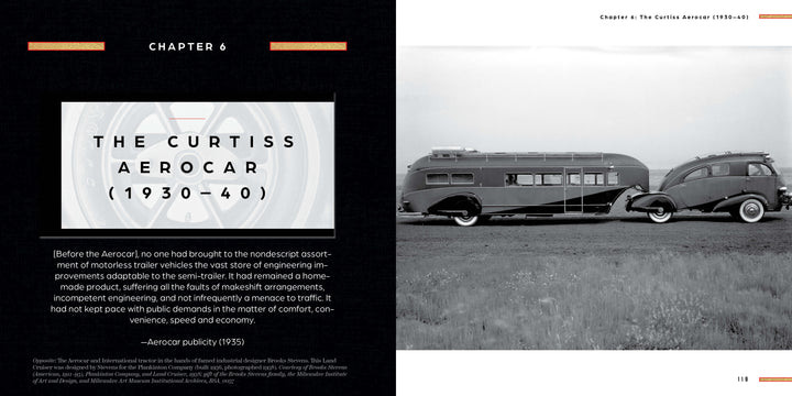 A vintage photo shows the Curtiss Aerocar travel trailer hitched to a matching car on grass under a cloudy sky. Opposite, text and the chapter title "The Curtiss Aerocar (1930–40)" appear. Product by Schiffer Publishing, Ltd.