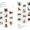 The two-page table of contents in "Swatch Critters from the Pin Loom" by Schiffer Publishing, Ltd. displays photos, names, and brief titles for 30 handmade stuffed animals, each numbered with page numbers in a grid format.