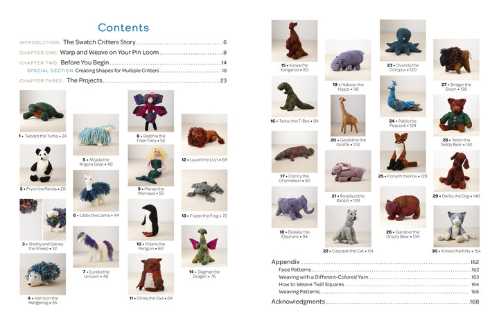 The two-page table of contents in "Swatch Critters from the Pin Loom" by Schiffer Publishing, Ltd. displays photos, names, and brief titles for 30 handmade stuffed animals, each numbered with page numbers in a grid format.