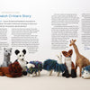 A row of vibrant, hand-knitted Swatch Critters from the Pin Loom by Schiffer Publishing, Ltd.—featuring a fox, panda, giraffe, sheep, zebra, porcupine, and hedgehogs—is displayed on a flat surface against a pale background.