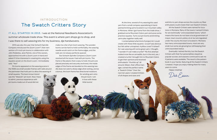 A row of vibrant, hand-knitted Swatch Critters from the Pin Loom by Schiffer Publishing, Ltd.—featuring a fox, panda, giraffe, sheep, zebra, porcupine, and hedgehogs—is displayed on a flat surface against a pale background.