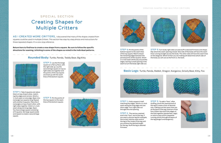 Swatch Critters from the Pin Loom by Schiffer Publishing, Ltd. offers step-by-step photos for making rounded bodies and basic legs for stuffed animals from teal and orange woven squares, with close-ups of hands working on each piece.
