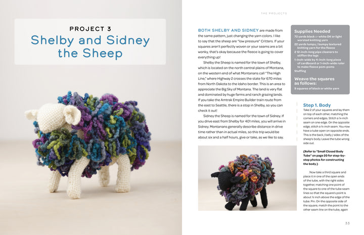 A Swatch Critters from the Pin Loom stuffed sheep with a white head, legs, and tail and a colorful, textured body stands on a white surface. Instructions and materials by Schiffer Publishing, Ltd. are shown on the right side of the page.