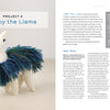 A knitted llama toy stands on a light surface. Instructions for making Libby the Llama from woven squares appear beside the image. Project featured in "Swatch Critters from the Pin Loom" by Schiffer Publishing, Ltd.