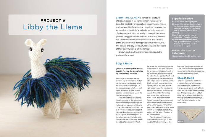 A knitted llama toy stands on a light surface. Instructions for making Libby the Llama from woven squares appear beside the image. Project featured in "Swatch Critters from the Pin Loom" by Schiffer Publishing, Ltd.