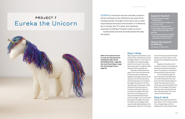 Swatch Critters from the Pin Loom by Schiffer Publishing, Ltd. shows how to craft a handmade unicorn using woven squares, with a white textured body and multicolored yarn mane and tail. Supplies and instructions are also included.
