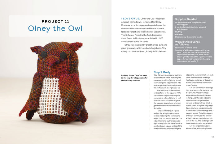 A multicolored knitted owl plush, with dark brown wings and ears, button eyes, and a cream belly sits beside "Swatch Critters from the Pin Loom" by Schiffer Publishing, Ltd., a crafting project guide for stuffed animals.