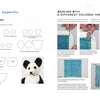 A spread from Swatch Critters from the Pin Loom by Schiffer Publishing, Ltd. displays face pattern diagrams, a knitted panda face, and step-by-step photos for colorful weaving on knits, with clear instructions and illustrations.