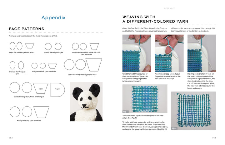 A spread from Swatch Critters from the Pin Loom by Schiffer Publishing, Ltd. displays face pattern diagrams, a knitted panda face, and step-by-step photos for colorful weaving on knits, with clear instructions and illustrations.