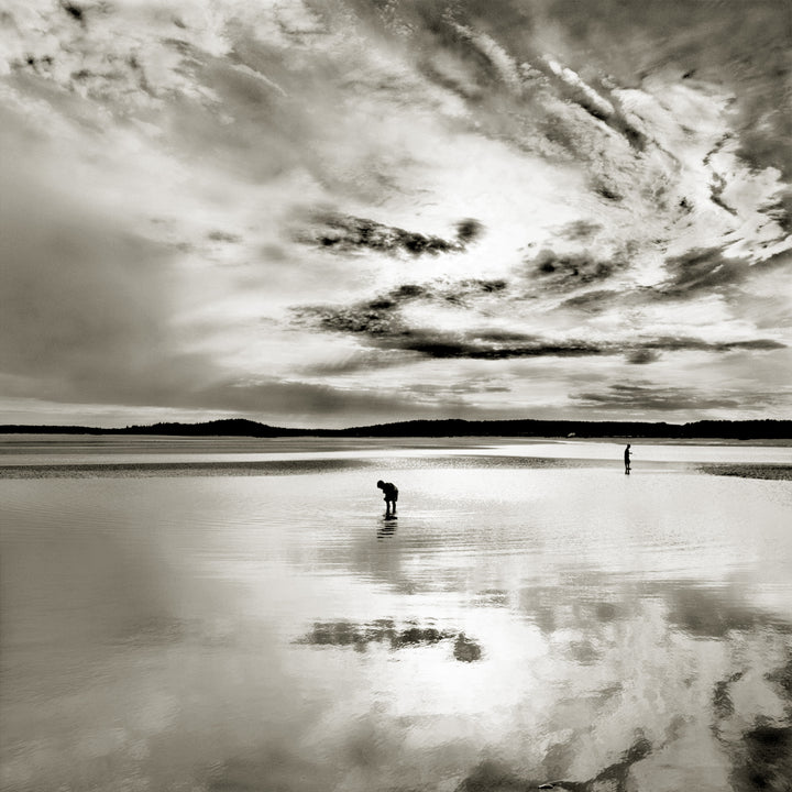 The Maine Coast" by Schiffer Publishing, Ltd. features a black-and-white seascape: a vast, shallow shore under dramatic clouds, with one person bending near the edge and another standing farther off, both reflected in the calm water.