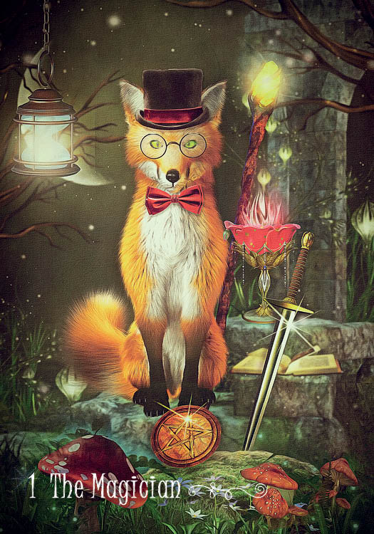 A fox with glasses, a top hat, and bow tie sits on a glowing pentacle amid magical tools in "The Westwood Tarot" by Schiffer Publishing, Ltd. The card shows 1 The Magician in an enchanted forest tarot scene.