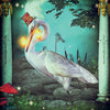 A white heron in a feathered top hat with glowing lanterns stands on one leg between ornate columns in a moonlit, firefly-lit forest—an enchanting scene from The Westwood Tarot by Schiffer Publishing, Ltd., card 11: Justice.