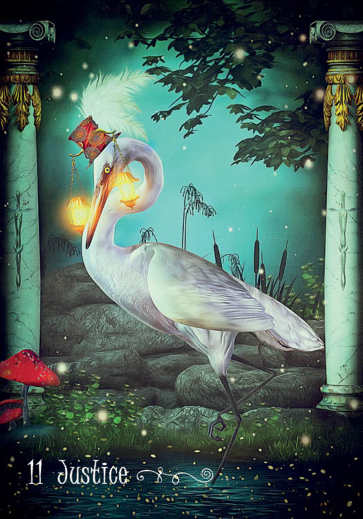 A white heron in a feathered top hat with glowing lanterns stands on one leg between ornate columns in a moonlit, firefly-lit forest—an enchanting scene from The Westwood Tarot by Schiffer Publishing, Ltd., card 11: Justice.