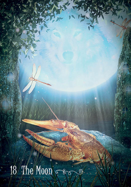 The Westwood Tarot by Schiffer Publishing, Ltd. features card 18, The Moon, with a wolf-faced moon, dragonflies, and a crayfish rising from water between towers amid grass and branches.